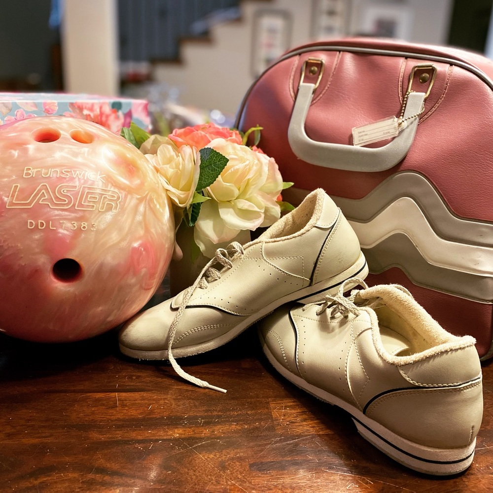 Vintage Brunswick Laser Bowling Ball, Case & Bowling Shoes